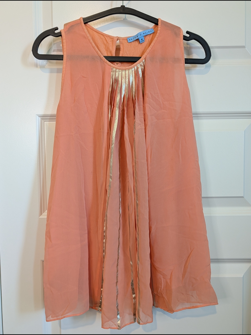 ANTONIO MELANI Coral Sleeveless Pleated Blouse with Gold Trim